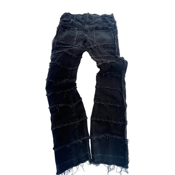 KDIK Black Denim Jeans Mens 34 Patchwork Flare Leg Grunge Distressed - Picture 1 of 6